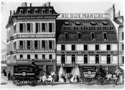 Utsikt over utsiden av Bon Marché Stores, rue de Sèvres, Paris, ca. 1869 av French School
