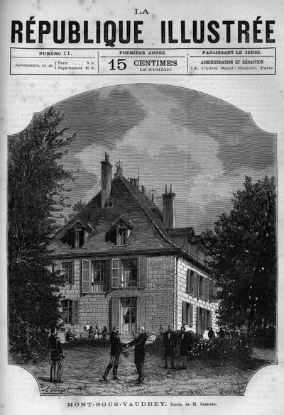 View of the house of President Jules Grevy (1807-1891) in Mont sous Vaudrey (Mont-sous-Vaudrey) in Franche Comte. A newspaper. Engraving from 1880 in “La republique illustree”” private collection. av French School