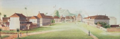 Utsikt over infanteribrakkene i Cayenne, Fransk Guyana, ca. 1840 (wc på papir) av French School