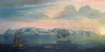 Utsikt over øya St. Helena, ca. 1820 (wc og gouache på papir) (se også 182638) av French School