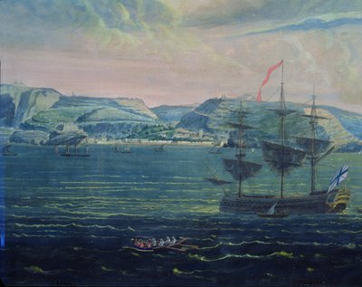 Utsikt over øya St. Helena, ca. 1820 (wc og gouache på papir) (se også 182640) av French School