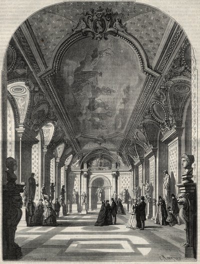 Utsikt over det nye rommet til de romerske keiserne, ved Musee des antiques du Louvre. Gravering i "" L'Univers illustrious"" av French School