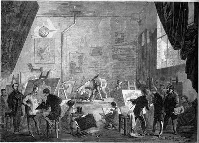 Utsikt over studioet til maleren Gustave Courbet (1819-1877), rue Notre Dame des Champs i Paris av French School