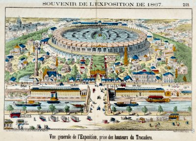 Utsikt over verdensutstillingen fra Trocadero i Paris. Gravering fra 1867. Paris, karnevalsmuseum. av French School