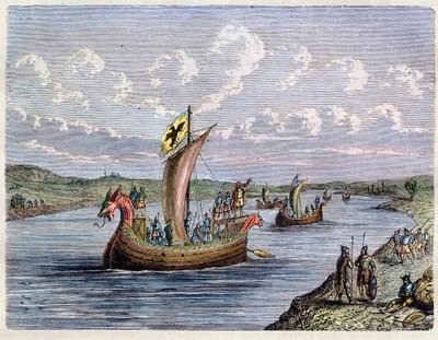 Vikingbåt - Drakkar - Norman frakter opp en elv - gravering i "L