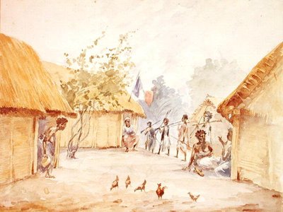 Landsby på Madagaskar på tidspunktet for dens erobring av Frankrike i 1895-96 (akvarell på papir) av French School