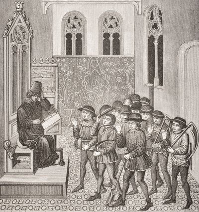 Skurker som mottar sine Lords-ordrer før de går på jobb, etter en miniatyr i et manuskript fra 1400-tallet, fra Le Moyen Age et La Renaissance av Paul Lacroix (1806-84) utgitt 1847 av French School