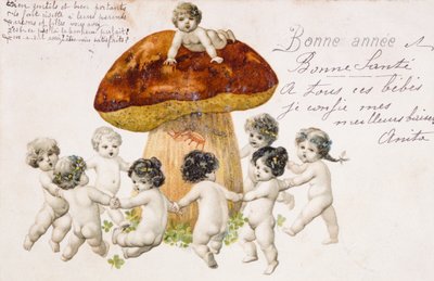 Gammelt fransk postkort som viser barn (babyer) som danser rundt en sopp av French School