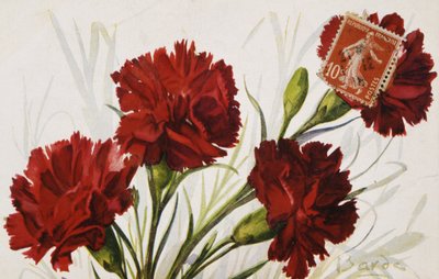 Gammelt fransk postkort med blomsterdekorasjoner av French School
