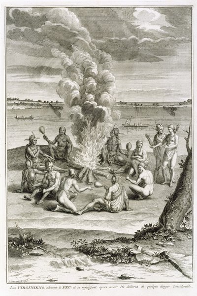 Virginians som tilber ild og glede etter å ha blitt utfridd fra betydelig fare, illustrasjon fra religiøse seremonier og skikker, gravert av Bernard Picart (1673-1733) 1721 av French School