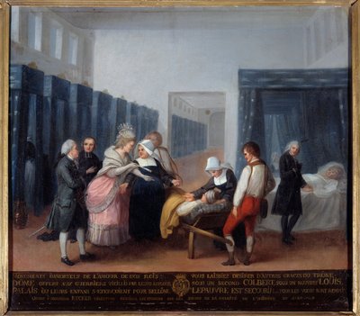 Besøk av Monsieur og Madame Necker på veldedighetshospitalet Dette er et sykehus (nå Necker Hospital i Paris) grunnlagt av ministeren og hans kone, kona til Lettres i 1778. Maleri av den franske skolen. 18. århundre. Paris, Musee de l