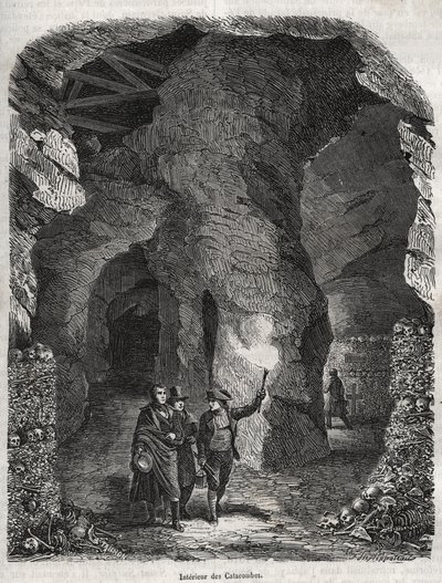 Besøk av katakombene i Paris på 1800-tallet - Gravering i "" Fysisk, sivil og moralsk historie i Paris: fra de tidligste historiske tider til i dag" av Jacques Antoine Dulaure av French School