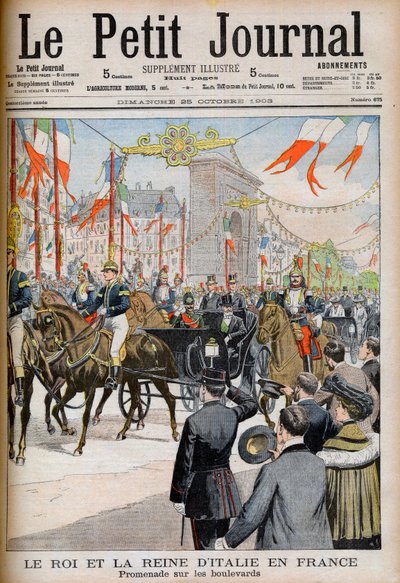 Visit of the King and Queen of Italy to France. The King and Queen of Italy in France. Promenade on the boulevards with Le President of the French Republic Emile Loubet - Illustration for Le petit Journal, 25 October 1903 - Victor Emmanuel III (Victor-Emma av French School