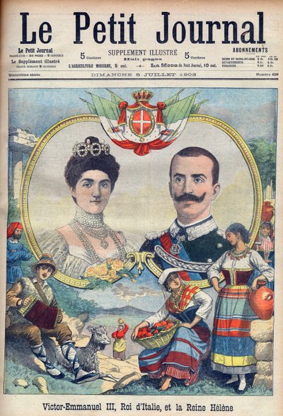 Vittorio Emanuele III di Savoia og Elena di Savoia - Kong Victor Emmanuel III og dronning Elena av Italia. Victor Emmanuel III, konge av Italia, og dronning Helene. Illustrasjon for Le petit Journal, 5. juli 1903. av French School