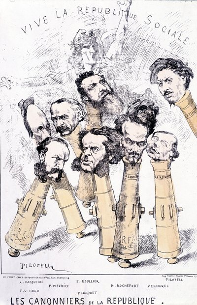 Lenge leve den sosiale republikken - Republikkens kanonbåter: A. Vacquerie, F.V. Hugo, P. Meurice, E. Roullier, Flocquet, H. Rochefort, Vermorel, Pilotell. Tegnefilm. av French School