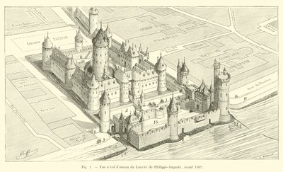 Fugleperspektiv av Louvre av Philippe-Auguste, før 1362 av French School