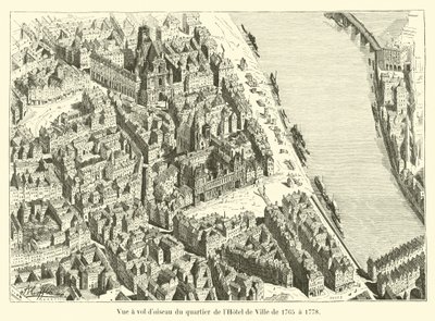 Fugleperspektiv av Hotel de Ville-distriktet fra 1765 til 1778 av French School