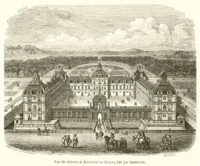 Utsikt over Chateau de Richelieu i Poitou, bygget av Lemercier (gravering) av French School
