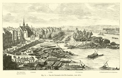 Utsikt over Arsenal og Louviers Island, rundt 1670 av French School