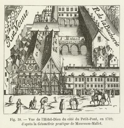 Utsikt over Hôtel-Dieu fra Petit-Pont-siden, i 1702; i henhold til den praktiske geometrien til Manesson-Mallet av French School