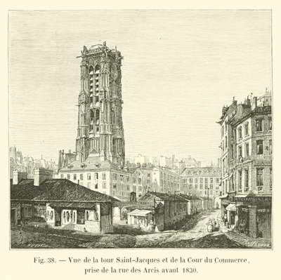 Utsikt over Saint-Jacques-tårnet og Cour du Commerce, tatt fra rue des Arcis før 1830 av French School