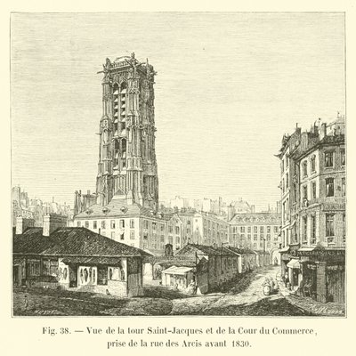 Utsikt over Saint-Jacques-tårnet og Cour du Commerce, tatt fra rue des Arcis før 1830 av French School