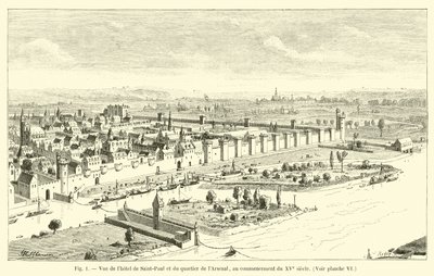Utsikt over Hôtel de Saint-Paul og Arsenal-distriktet, på begynnelsen av 1400-tallet, se plate VI av French School