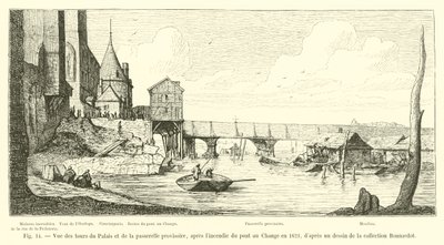 Utsikt over palasstårnene og den midlertidige gangbroen, etter Pont au Change-brannen i 1621, fra en tegning i Bonnardot-samlingen av French School