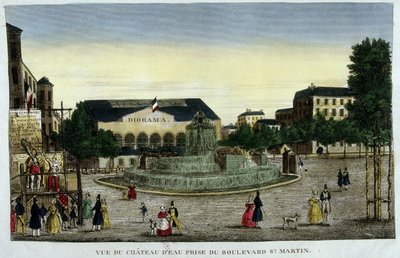 Utsikt over Chateau d'Eau tatt fra bd Saint-Martin og Diorama - gravering av French School