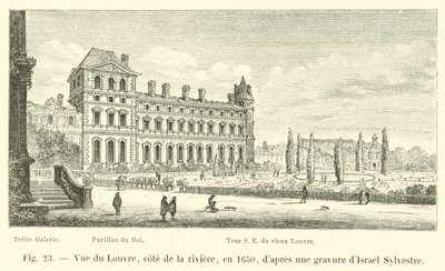 Utsikt over Louvre, Cote de la Riviere, i 1650, etter en gravering av Israel Sylvestre av French School