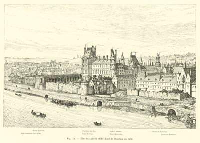 Utsikt over Louvre og Hotel de Bourbon i 1576 av French School