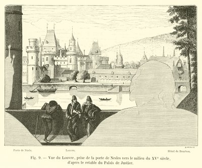 Utsikt over Louvre, tatt fra Porte de Nesles rundt midten av 1400-tallet, etter altertavlen til Palais de Justice av French School