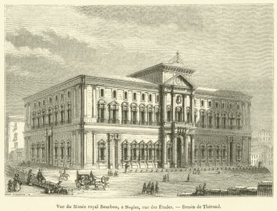 Utsikt over Royal Bourbon Museum, i Napoli, rue des Etudes (gravering) av French School