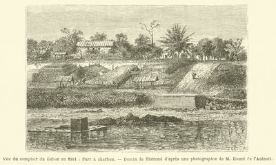 Utsikt over Comptoir du Gabon i 1861, Parc a Charcoal (gravering) av French School