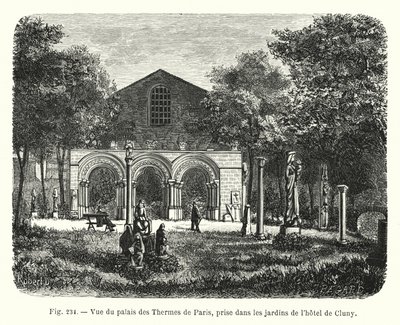 Utsikt over Palais des Thermes i Paris, tatt fra hagen til Hôtel de Cluny (gravering) av French School