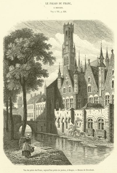 Utsikt over Palais du Franc, nå tinghuset, i Brugge (gravering) av French School