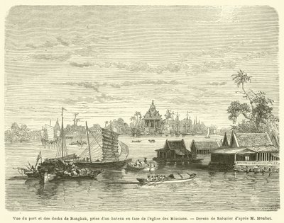 Utsikt over havnen og bryggene i Bangkok, tatt fra en båt foran Missionskirken (gravering) av French School