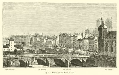 Utsikt over Quai aux Fleurs i 1855 av French School