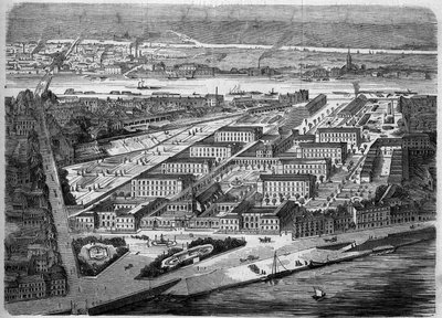Utvendig utsikt over Hotel Dieu (Hotel-Dieu) i Nantes, innviet i 1863. Dette sykehuset ble nesten fullstendig ødelagt under et bombardement i 1943. Loire Atlantique (44). Gravering i ""Le Monde Illustre"" nr. 347 av 5. desember 1863. av French School