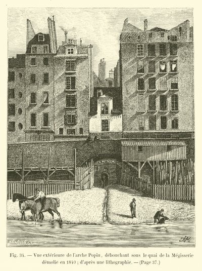 Utvendig utsikt over Popin-buen, som dukker opp under Quai de la Megisserie revet i 1840; fra en litografi av French School