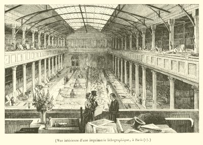 Innvendig utsikt over et litografisk trykkeri i Paris (gravering) av French School