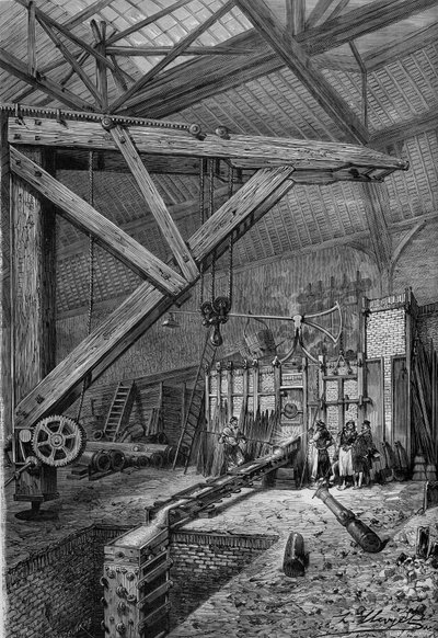 War of 1870 - Paris headquarters: the melting of the canon “Petity Moniteur”, financed by the readers of the newspaper, in the workshops of Messrs. Broquin and Laine in Paris. Engraving in “” Le Monde Illustré”” n°721 of 4 February 1871. av French School