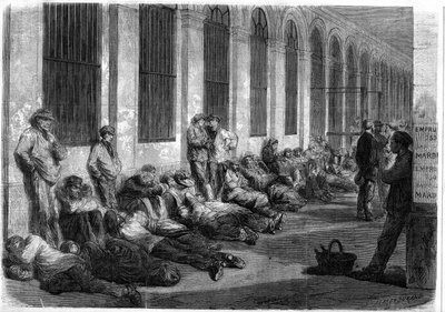 Krigen i 1870: Parisere stiller seg i kø foran finansdepartementet for å tegne det nasjonale lånet for å finansiere krigen. Scene som viser dagen før åpningen av vinduene av French School