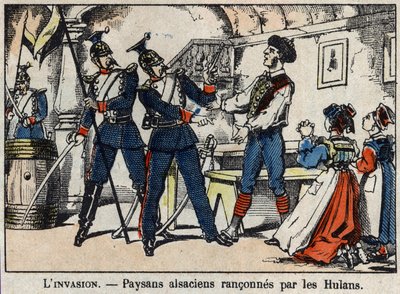 Krig i 1870 mellom Frankrike og Preussen: Elsassiske bønder ranet av Hulans (Uhlans, Houlans) bildet av Epinal. av French School
