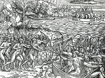 Krigsscene, Brasil, illustrasjon fra "Singularities of France Antarctique", av Andre de Thevet, 1558 av French School