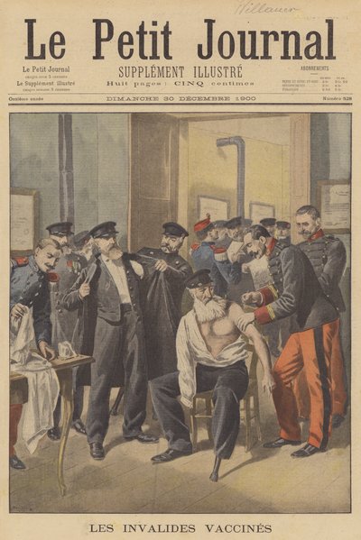 Krigsveteraner som får koppevaksinasjoner (farge litho) av French School