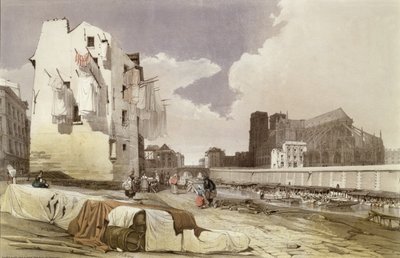 Vaskekvinner ved Lavoirs ved Quai Montebello, ca. 1840 av French School