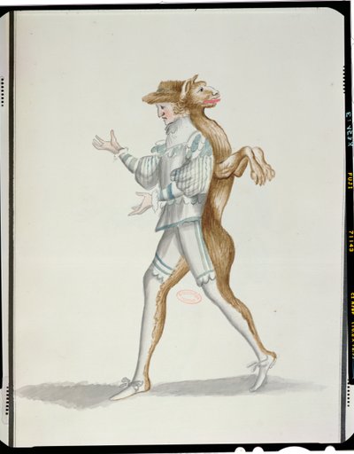 Varulvkostyme for Ballet de la Nuit av Jean-Baptiste Lully (1632-87) danset av Louis XIV, 23. februar 1653 (wc på papir) av French School