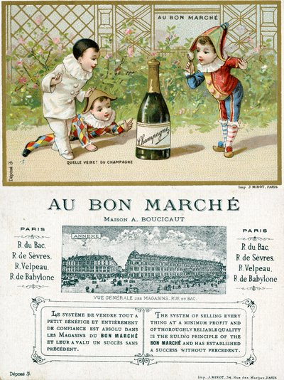 Hvilken lykke! en flaske champagne; foran og bak på et kampanjekort for Bon Marché-varehusene i Paris, ca. 1895 av French School