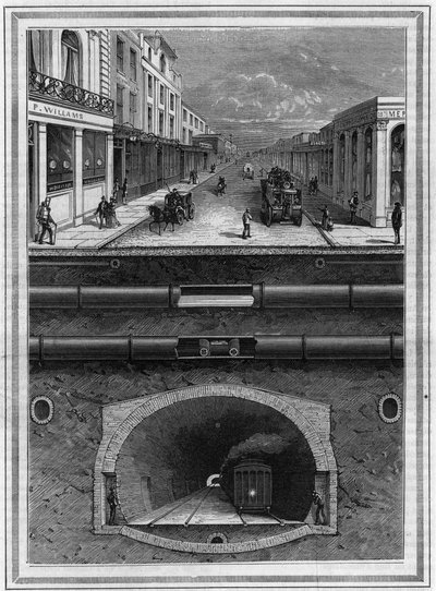 Hva er under broen til London (Storbritannia): Gassrør, vannrør, pneumatisk rør for avfall, avløp, tunnel og jernbanelinje for storbyområder. Gravering i "" La Nature. Revue des sciences et de ses applications aux arts et à l